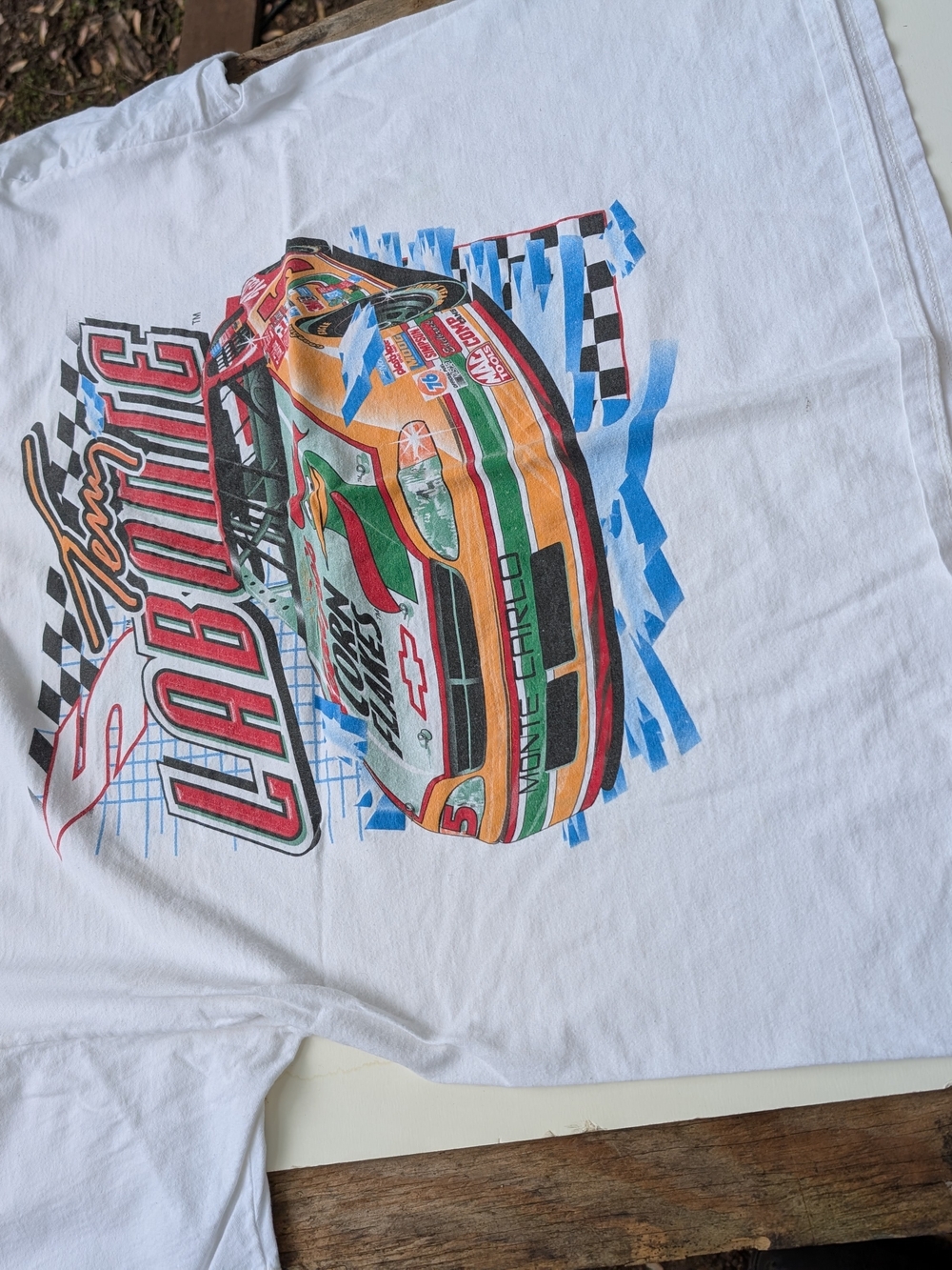 Chase Authentics White Tee with Multicolor Racing Car Graphic